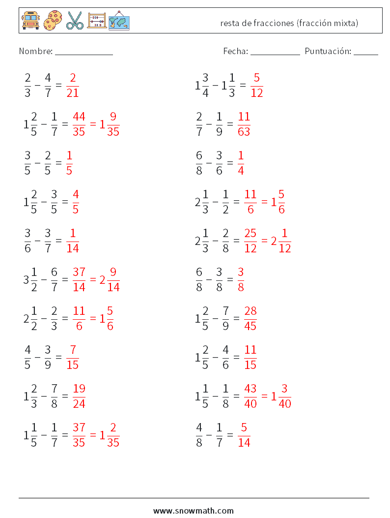 (20) resta de fracciones (fracción mixta) Hojas de trabajo de matemáticas 18 Pregunta, respuesta