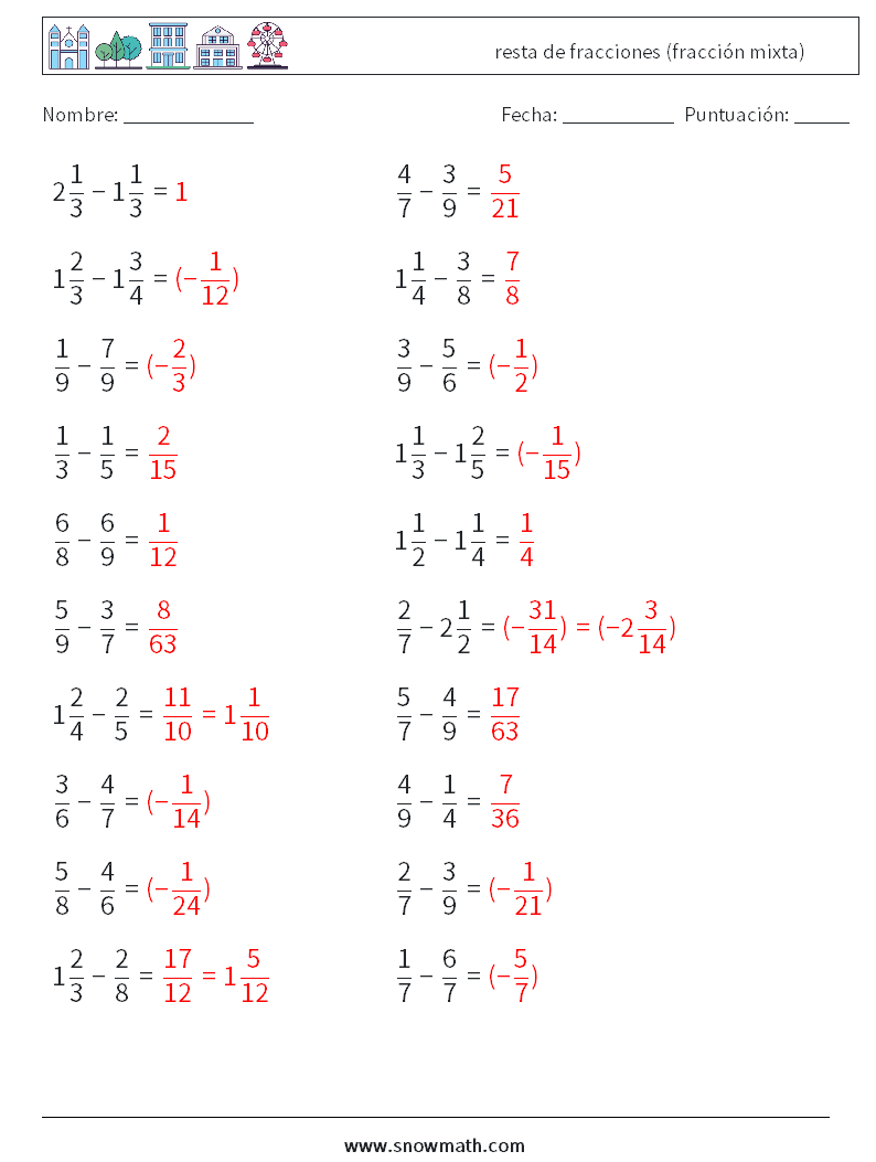 (20) resta de fracciones (fracción mixta) Hojas de trabajo de matemáticas 1 Pregunta, respuesta