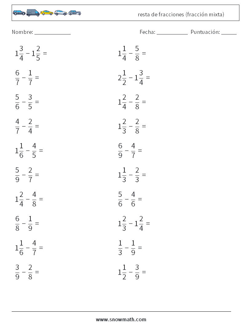 (20) resta de fracciones (fracción mixta) Hojas de trabajo de matemáticas 2