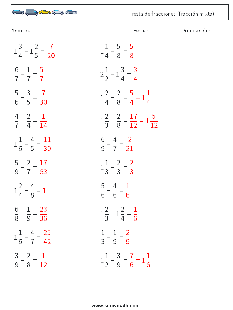 (20) resta de fracciones (fracción mixta) Hojas de trabajo de matemáticas 2 Pregunta, respuesta