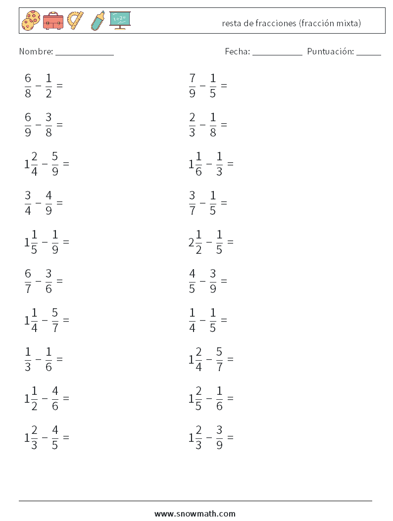 (20) resta de fracciones (fracción mixta) Hojas de trabajo de matemáticas 3
