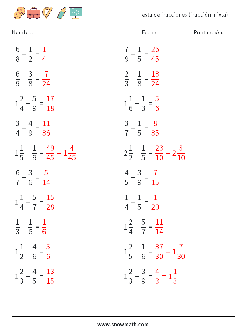 (20) resta de fracciones (fracción mixta) Hojas de trabajo de matemáticas 3 Pregunta, respuesta