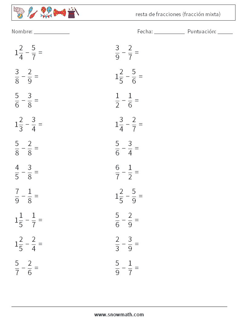 (20) resta de fracciones (fracción mixta) Hojas de trabajo de matemáticas 4