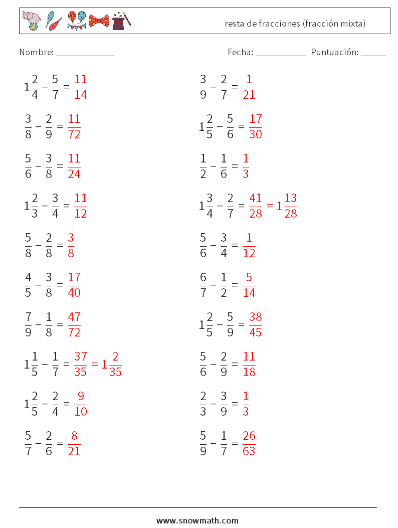 (20) resta de fracciones (fracción mixta) Hojas de trabajo de matemáticas 4 Pregunta, respuesta