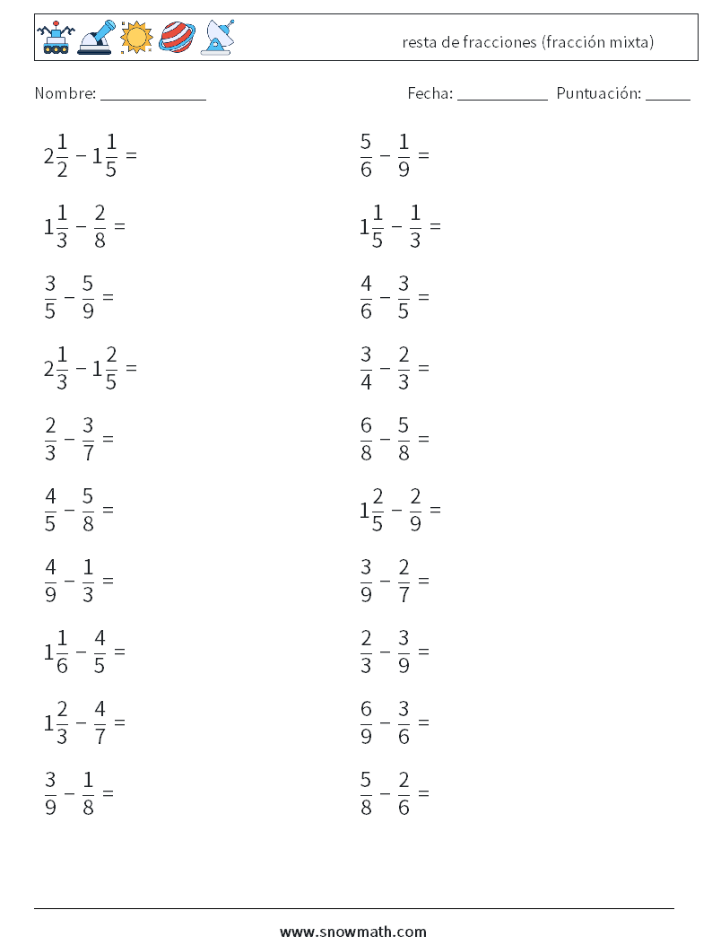 (20) resta de fracciones (fracción mixta) Hojas de trabajo de matemáticas 5