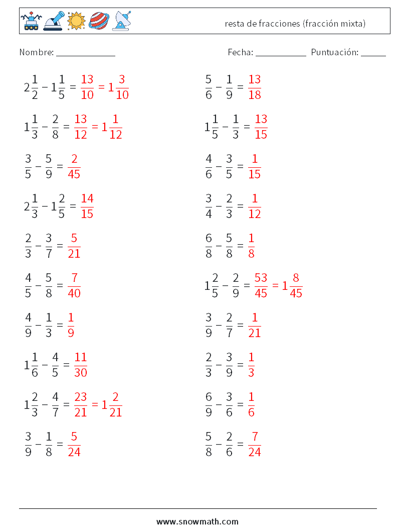 (20) resta de fracciones (fracción mixta) Hojas de trabajo de matemáticas 5 Pregunta, respuesta