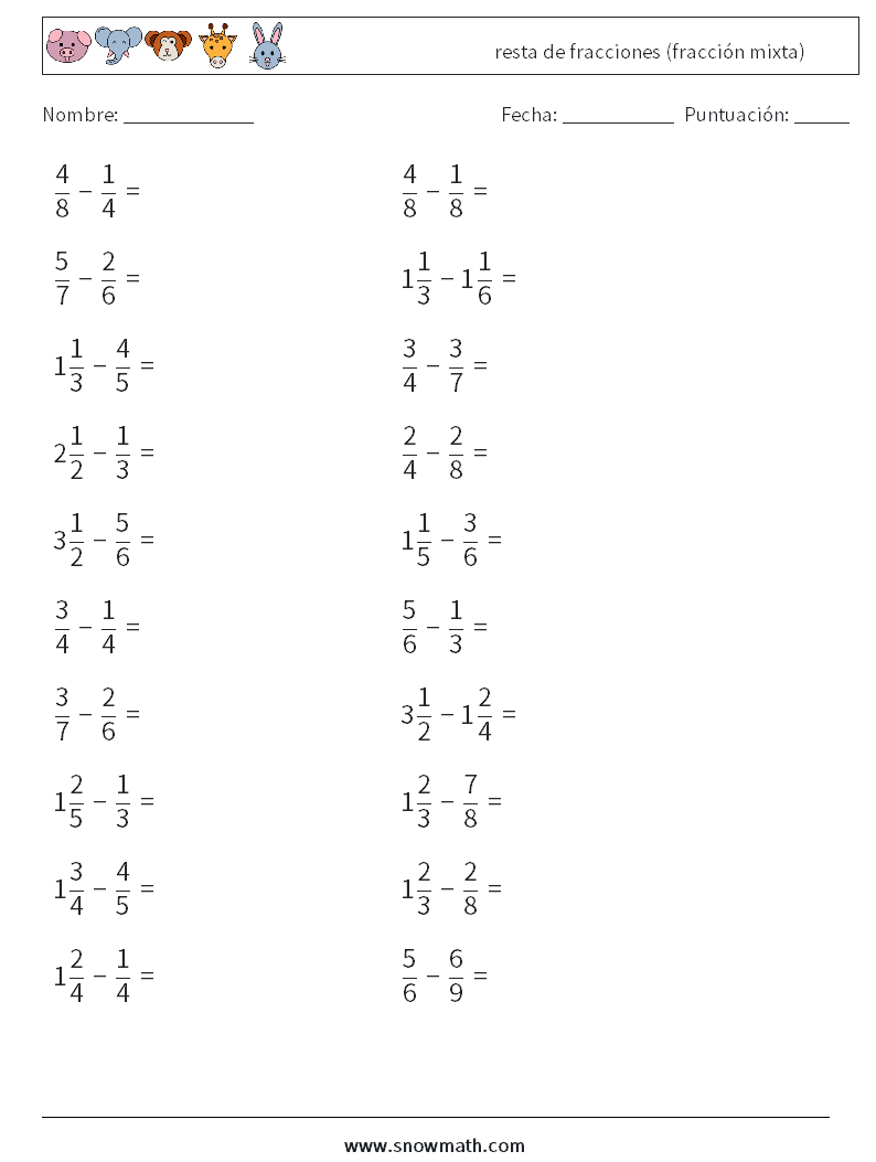 (20) resta de fracciones (fracción mixta) Hojas de trabajo de matemáticas 6