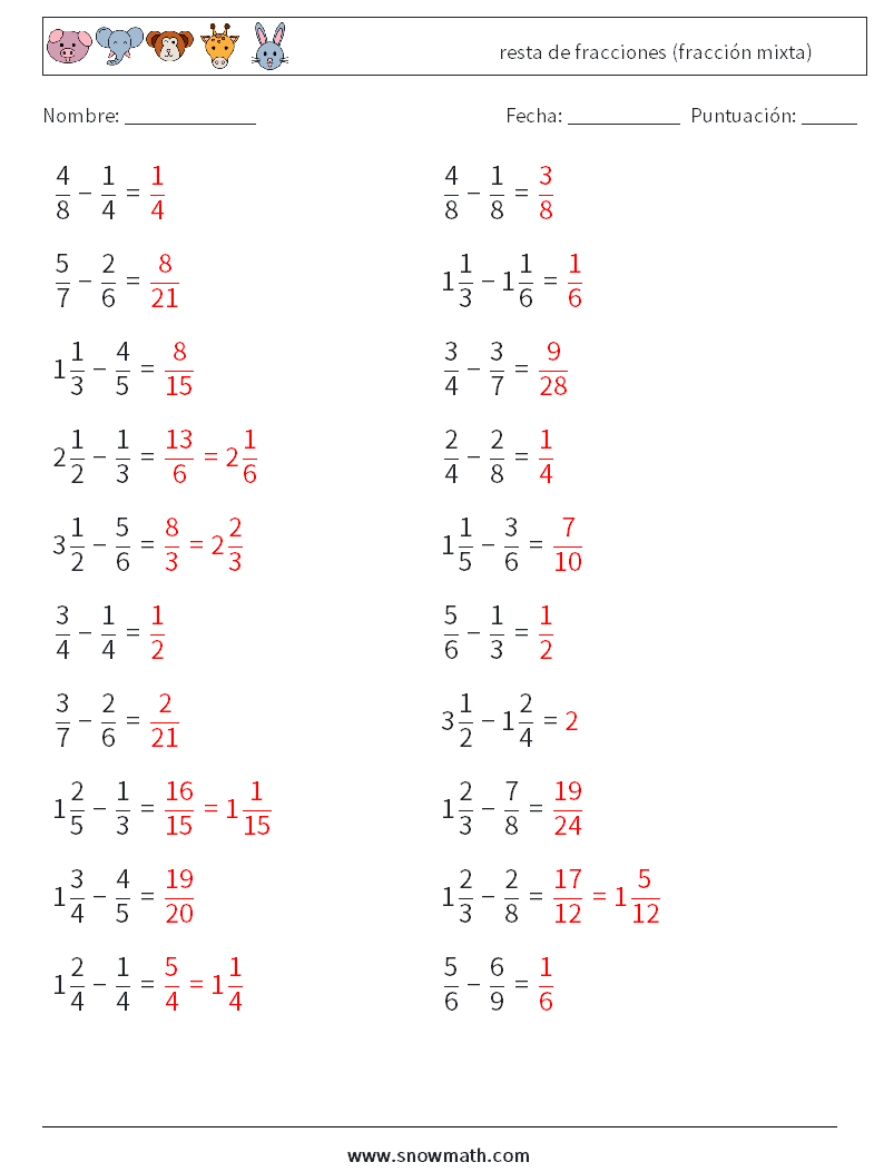 (20) resta de fracciones (fracción mixta) Hojas de trabajo de matemáticas 6 Pregunta, respuesta