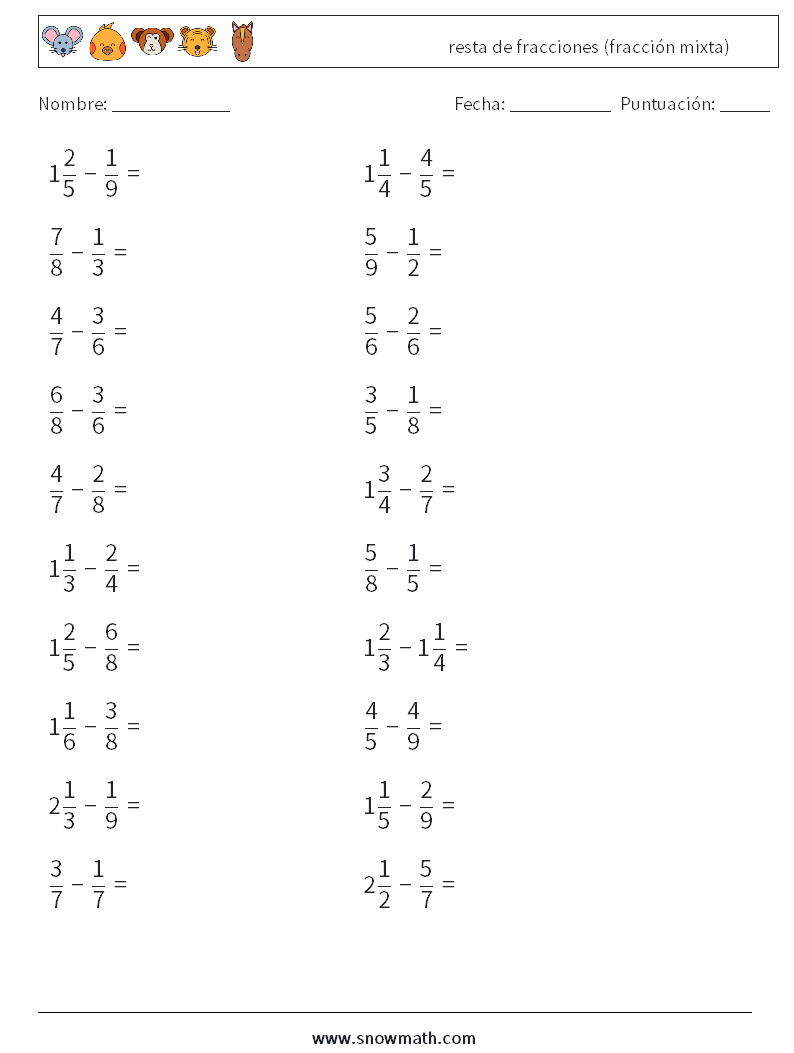 (20) resta de fracciones (fracción mixta) Hojas de trabajo de matemáticas 7