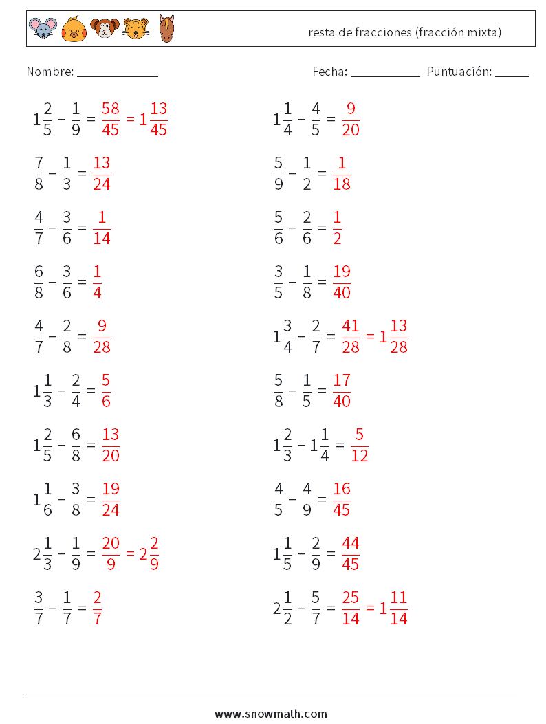 (20) resta de fracciones (fracción mixta) Hojas de trabajo de matemáticas 7 Pregunta, respuesta