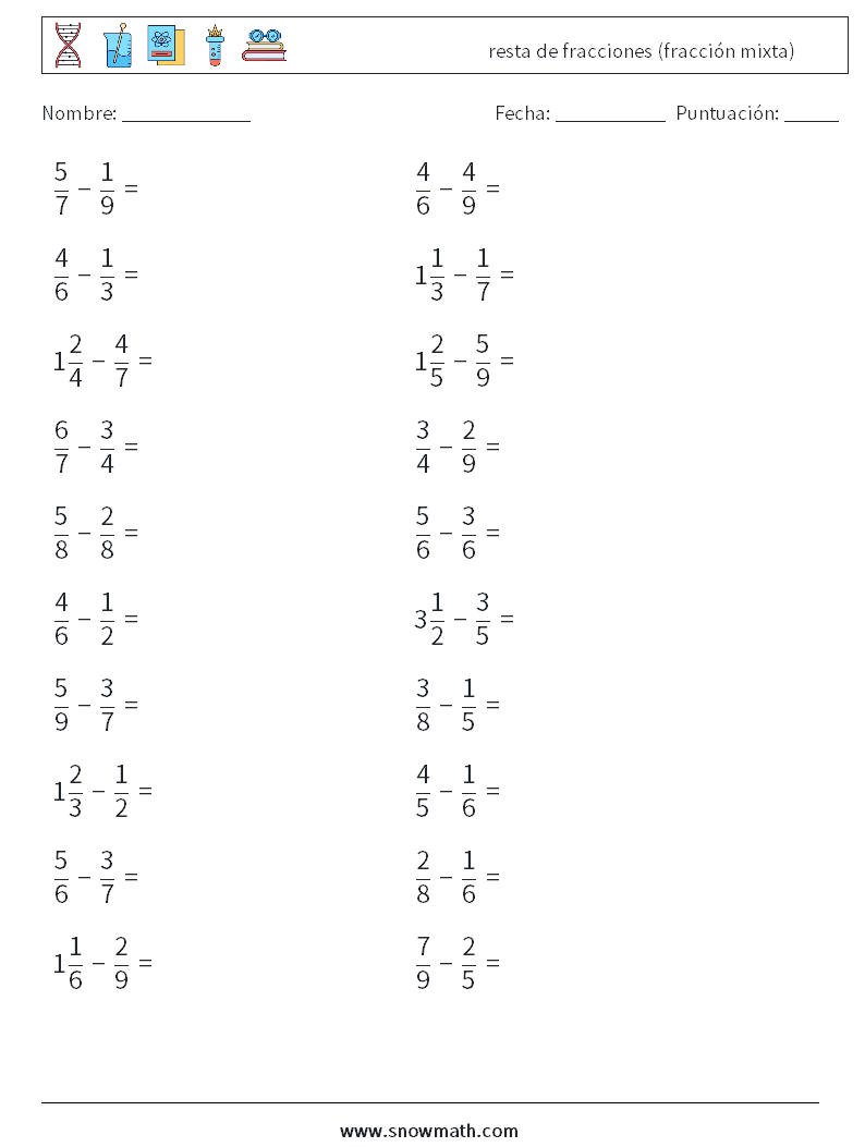 (20) resta de fracciones (fracción mixta) Hojas de trabajo de matemáticas 8