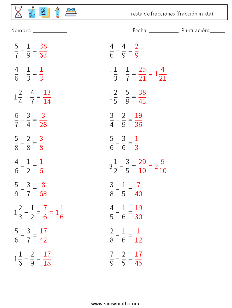 (20) resta de fracciones (fracción mixta) Hojas de trabajo de matemáticas 8 Pregunta, respuesta