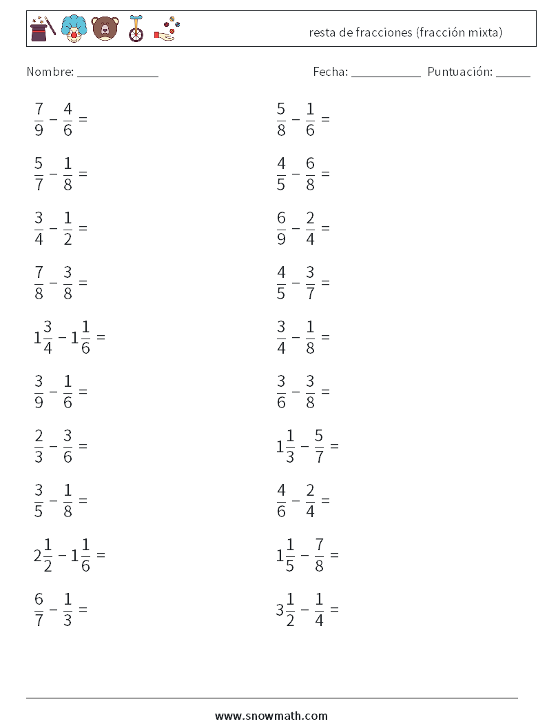 (20) resta de fracciones (fracción mixta) Hojas de trabajo de matemáticas 9