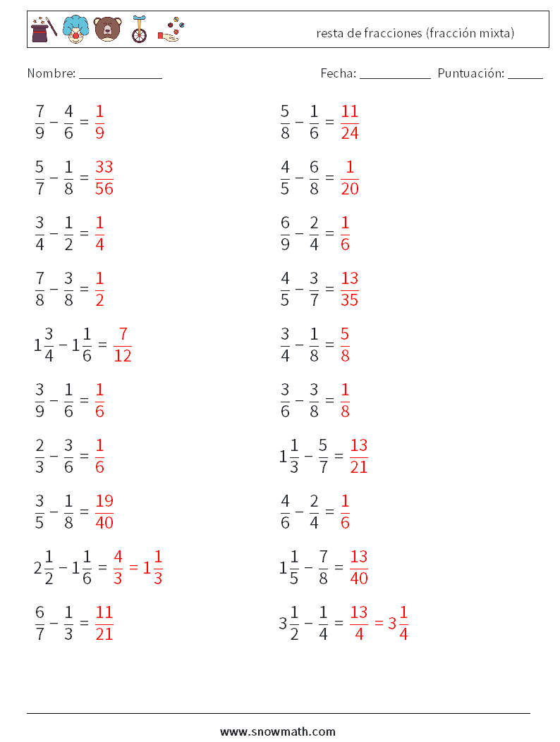 (20) resta de fracciones (fracción mixta) Hojas de trabajo de matemáticas 9 Pregunta, respuesta