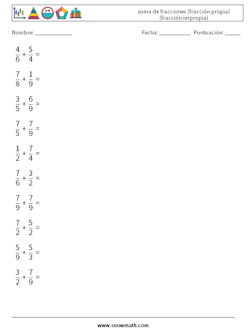 (10) suma de fracciones (fracción propia) (fracción impropia) Hojas de trabajo de matemáticas 1