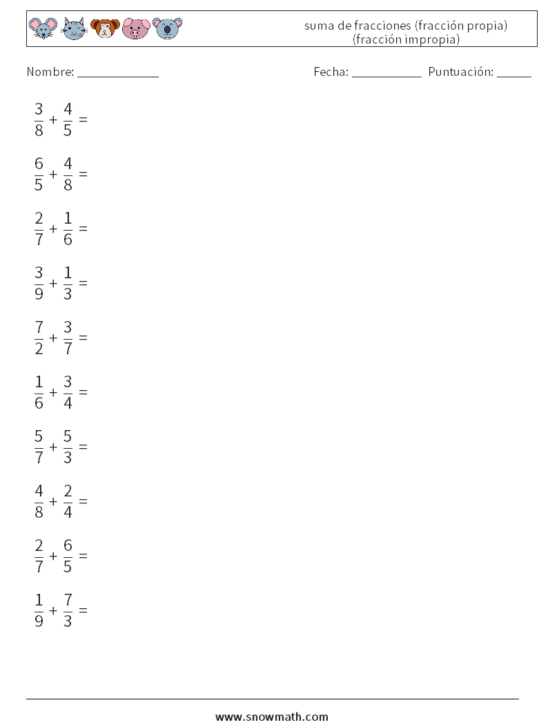 (10) suma de fracciones (fracción propia) (fracción impropia) Hojas de trabajo de matemáticas 11