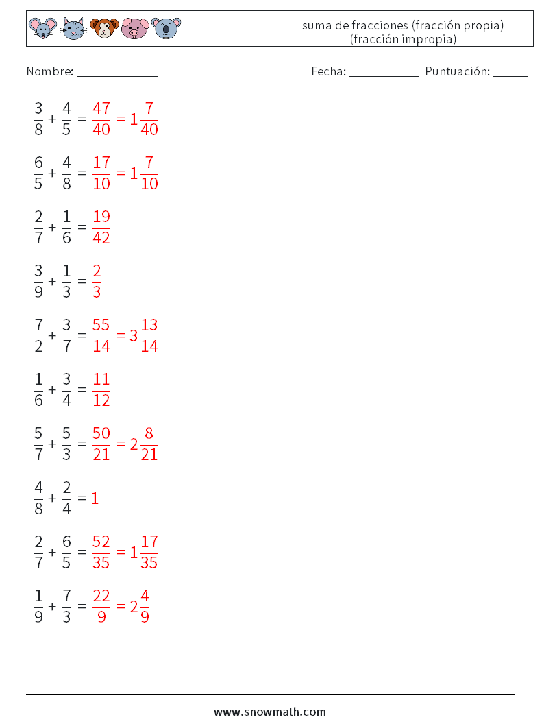(10) suma de fracciones (fracción propia) (fracción impropia) Hojas de trabajo de matemáticas 11 Pregunta, respuesta