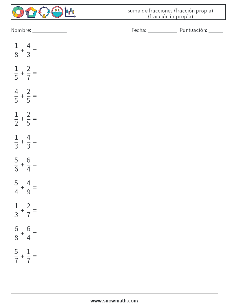 (10) suma de fracciones (fracción propia) (fracción impropia) Hojas de trabajo de matemáticas 12