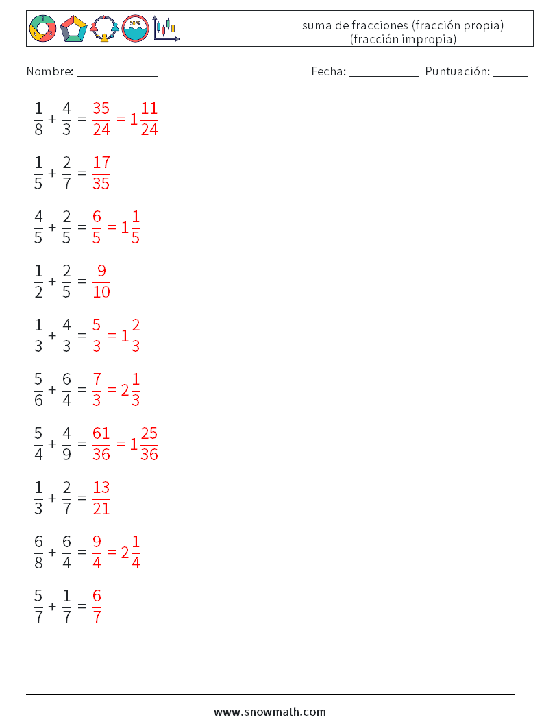 (10) suma de fracciones (fracción propia) (fracción impropia) Hojas de trabajo de matemáticas 12 Pregunta, respuesta