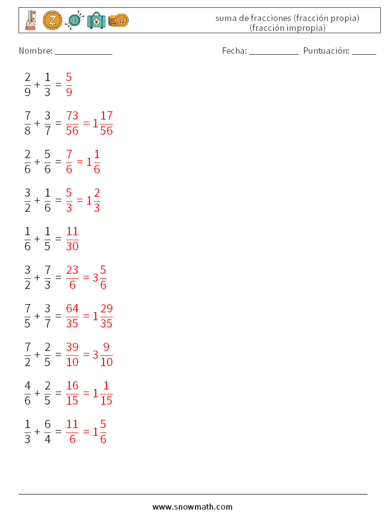 (10) suma de fracciones (fracción propia) (fracción impropia) Hojas de trabajo de matemáticas 13 Pregunta, respuesta