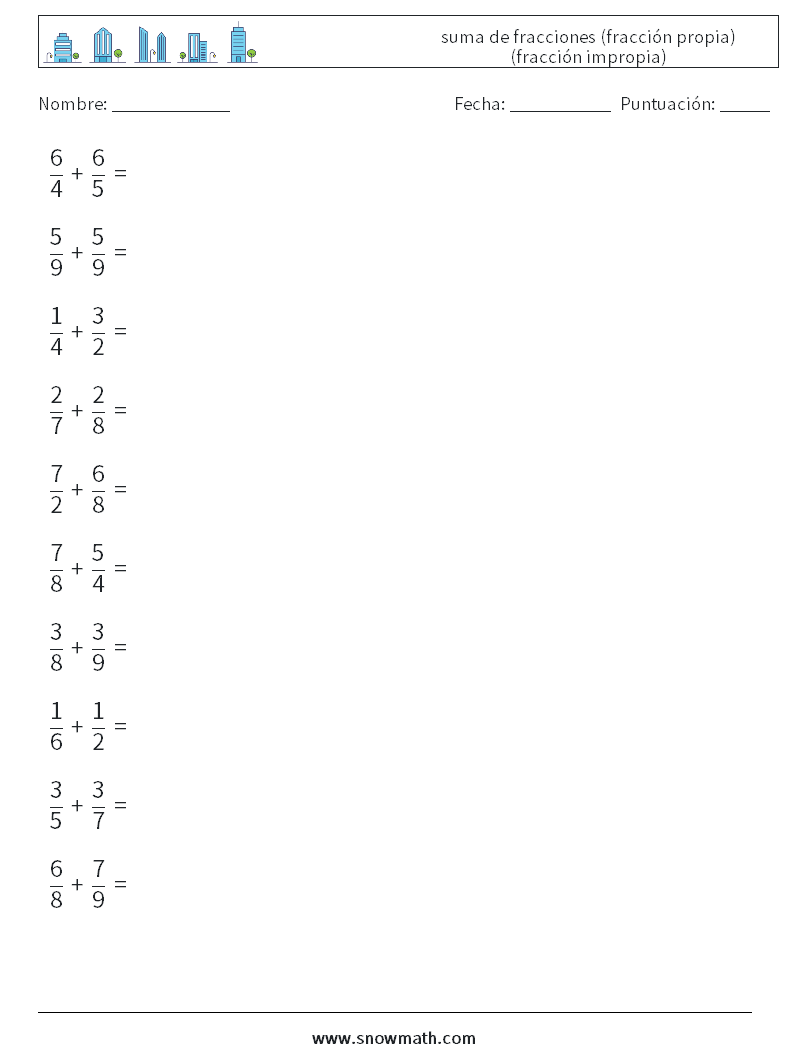 (10) suma de fracciones (fracción propia) (fracción impropia) Hojas de trabajo de matemáticas 14