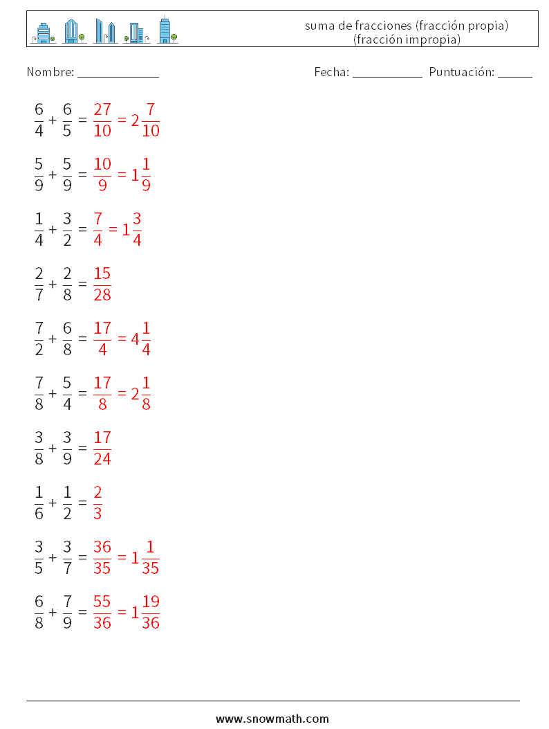 (10) suma de fracciones (fracción propia) (fracción impropia) Hojas de trabajo de matemáticas 14 Pregunta, respuesta