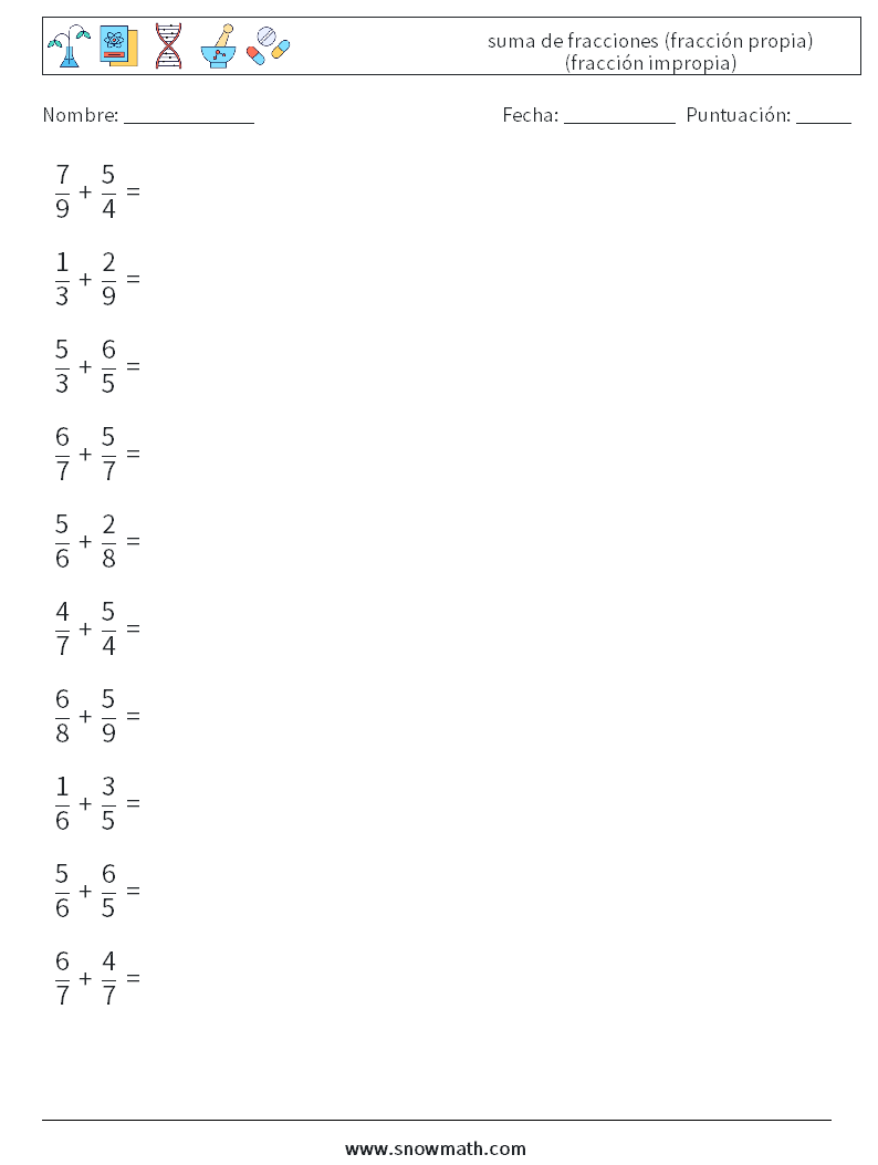 (10) suma de fracciones (fracción propia) (fracción impropia) Hojas de trabajo de matemáticas 15