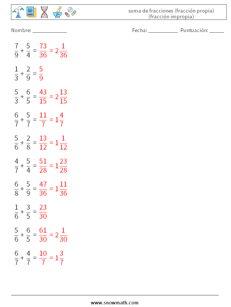 (10) suma de fracciones (fracción propia) (fracción impropia) Hojas de trabajo de matemáticas 15 Pregunta, respuesta