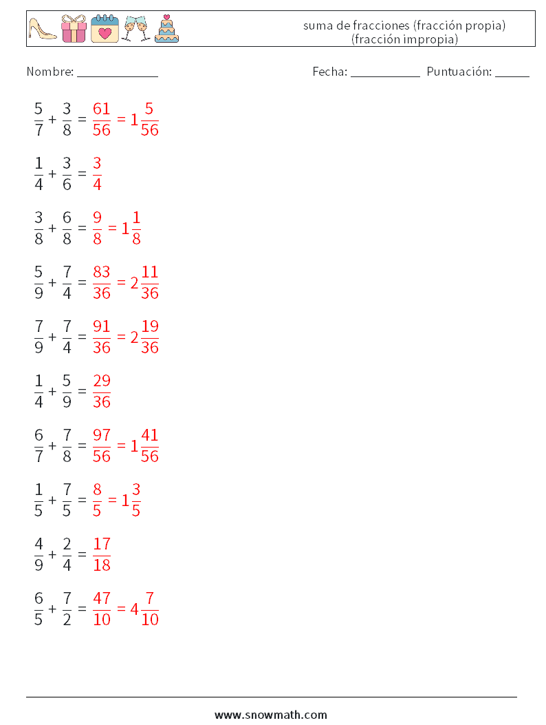 (10) suma de fracciones (fracción propia) (fracción impropia) Hojas de trabajo de matemáticas 16 Pregunta, respuesta