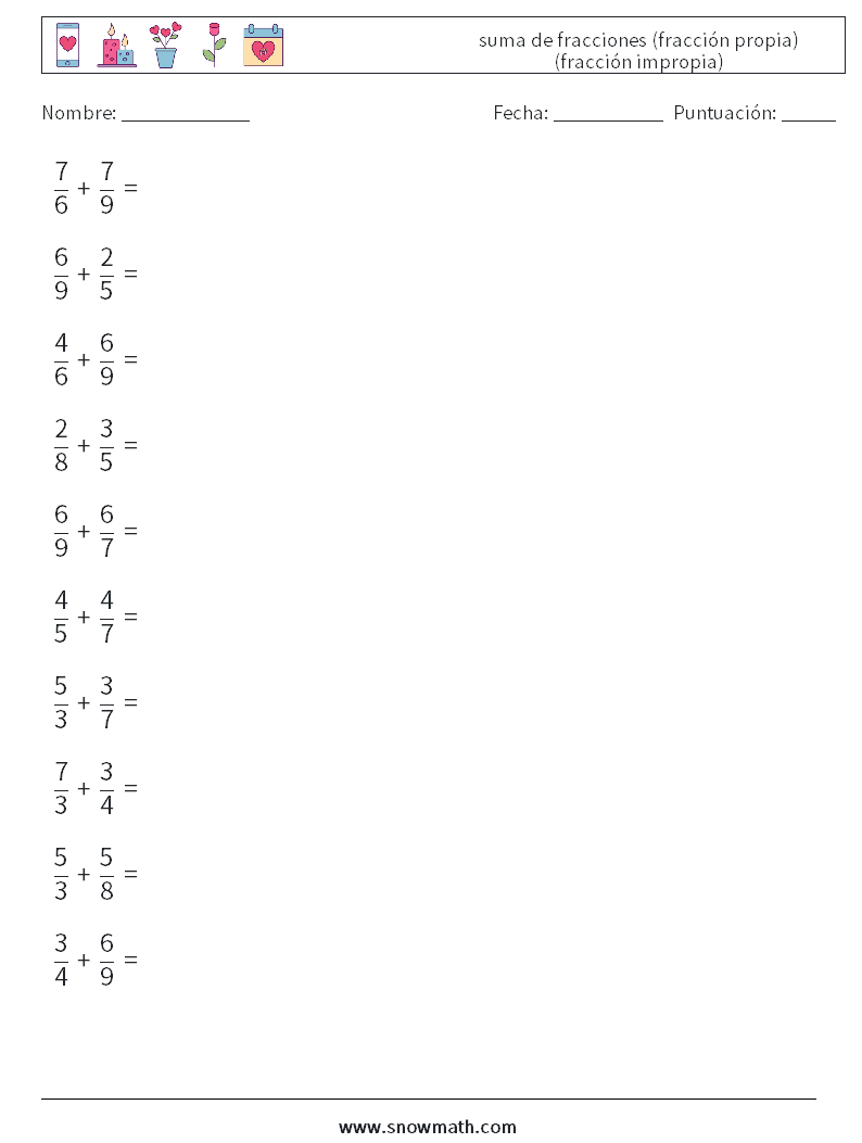 (10) suma de fracciones (fracción propia) (fracción impropia) Hojas de trabajo de matemáticas 17