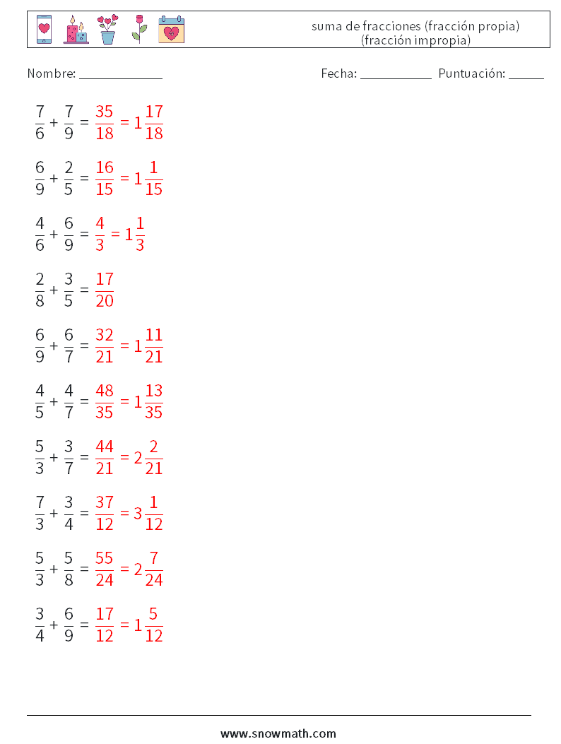 (10) suma de fracciones (fracción propia) (fracción impropia) Hojas de trabajo de matemáticas 17 Pregunta, respuesta