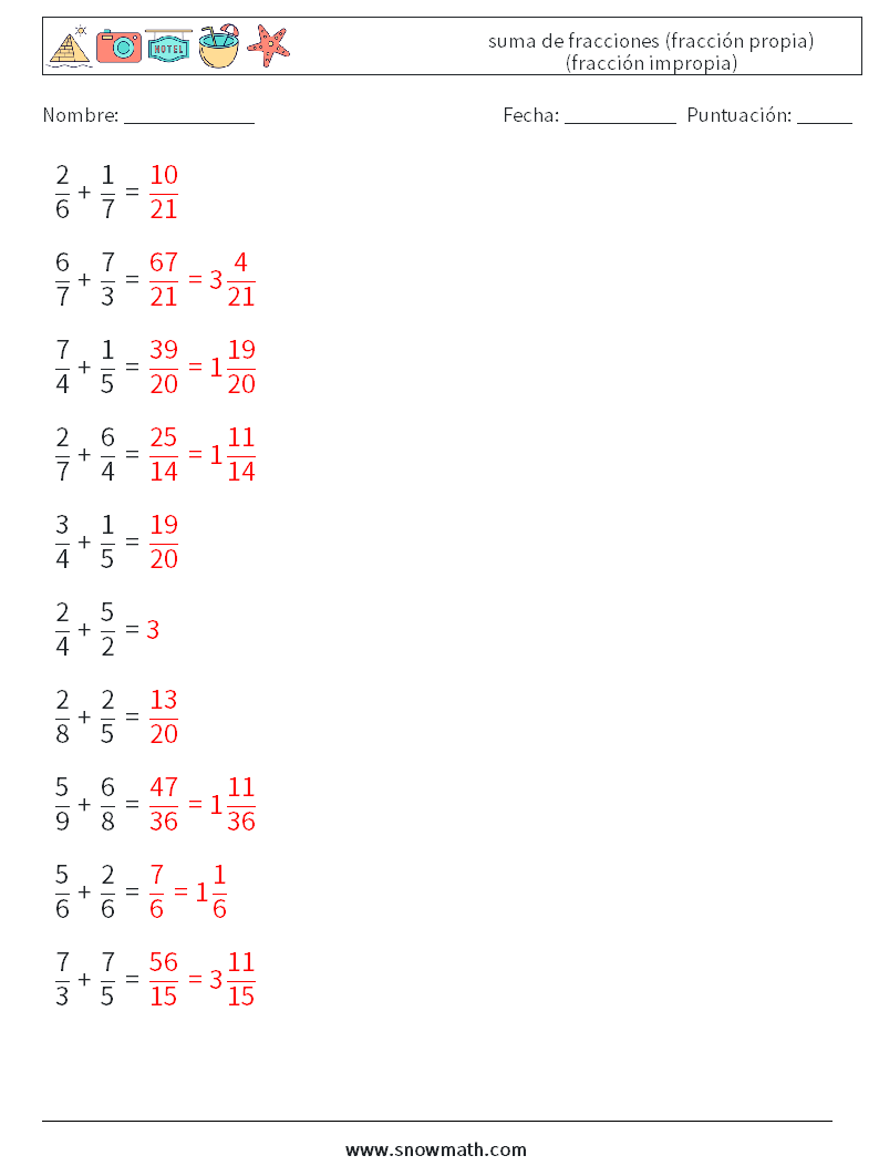 (10) suma de fracciones (fracción propia) (fracción impropia) Hojas de trabajo de matemáticas 18 Pregunta, respuesta