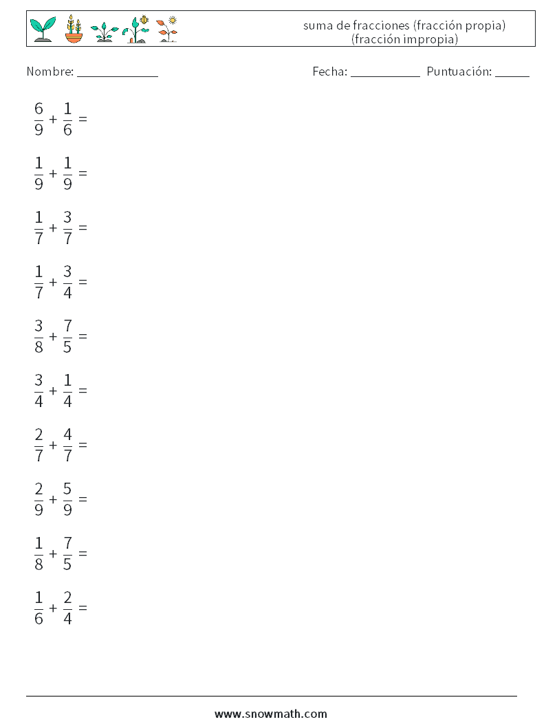 (10) suma de fracciones (fracción propia) (fracción impropia) Hojas de trabajo de matemáticas 2