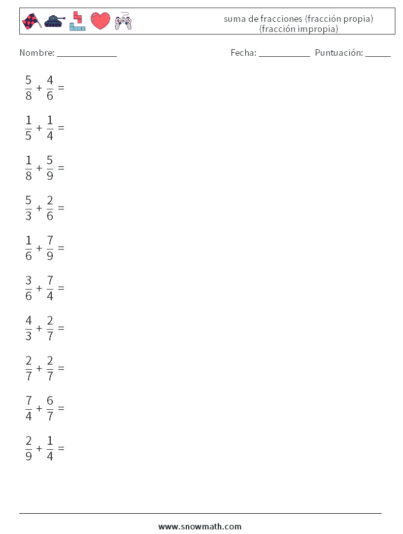 (10) suma de fracciones (fracción propia) (fracción impropia) Hojas de trabajo de matemáticas 3