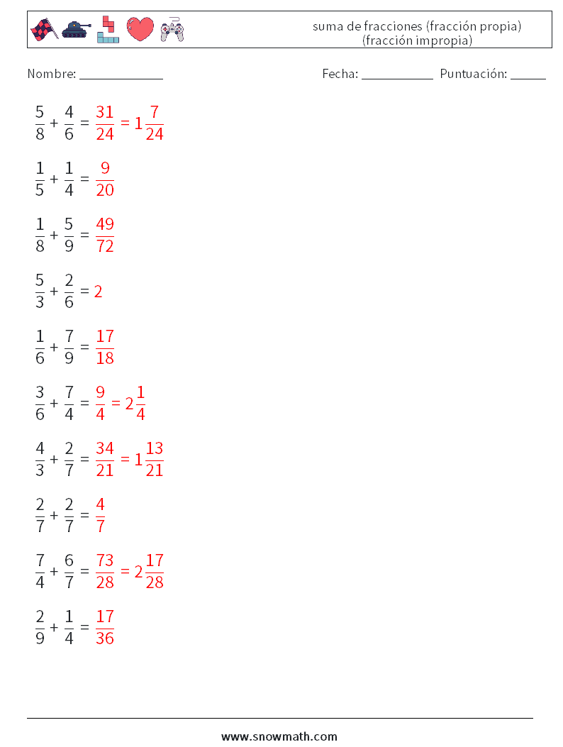 (10) suma de fracciones (fracción propia) (fracción impropia) Hojas de trabajo de matemáticas 3 Pregunta, respuesta