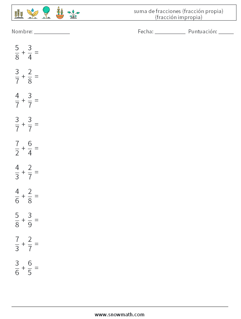 (10) suma de fracciones (fracción propia) (fracción impropia) Hojas de trabajo de matemáticas 4