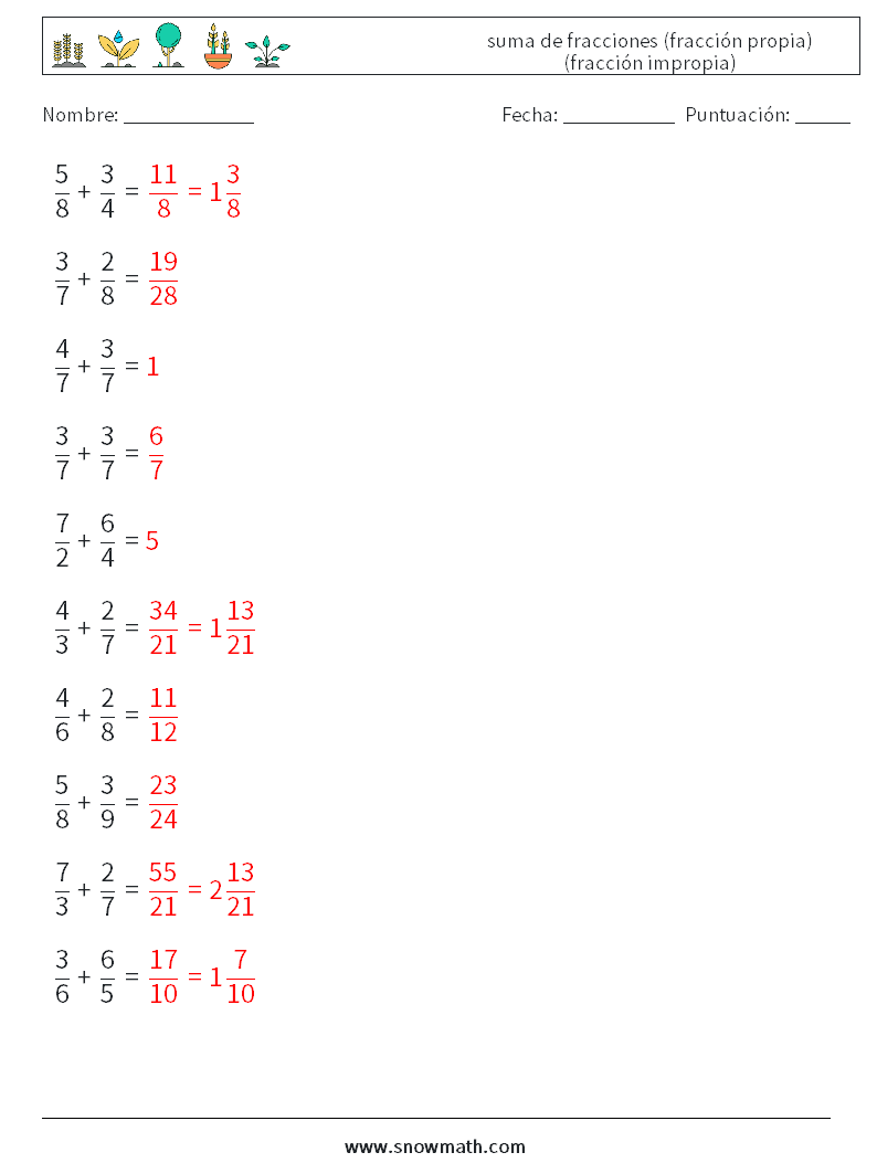 (10) suma de fracciones (fracción propia) (fracción impropia) Hojas de trabajo de matemáticas 4 Pregunta, respuesta