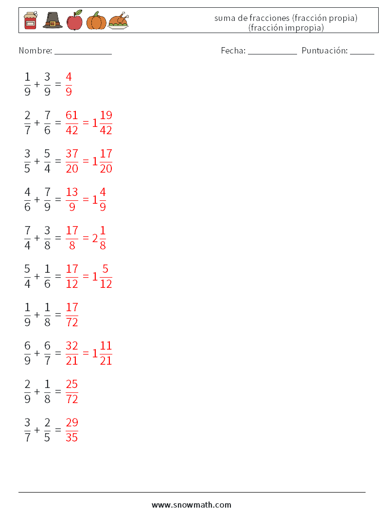 (10) suma de fracciones (fracción propia) (fracción impropia) Hojas de trabajo de matemáticas 5 Pregunta, respuesta