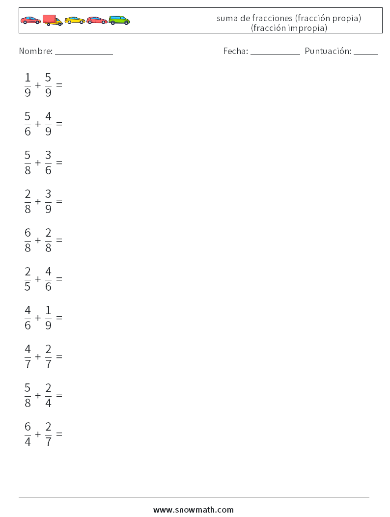 (10) suma de fracciones (fracción propia) (fracción impropia) Hojas de trabajo de matemáticas 6