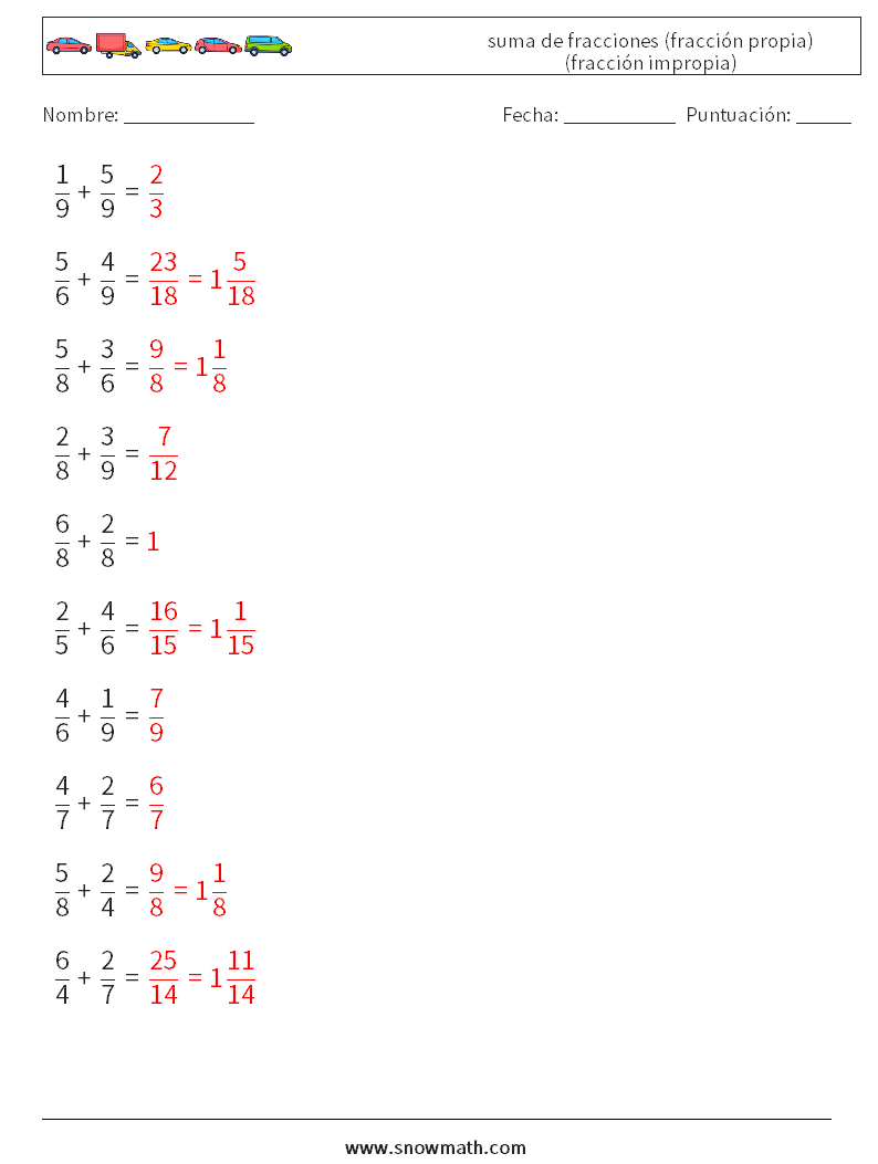 (10) suma de fracciones (fracción propia) (fracción impropia) Hojas de trabajo de matemáticas 6 Pregunta, respuesta