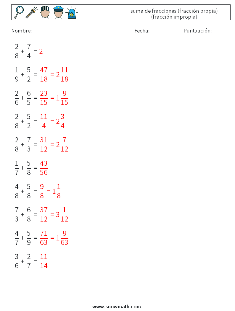 (10) suma de fracciones (fracción propia) (fracción impropia) Hojas de trabajo de matemáticas 7 Pregunta, respuesta