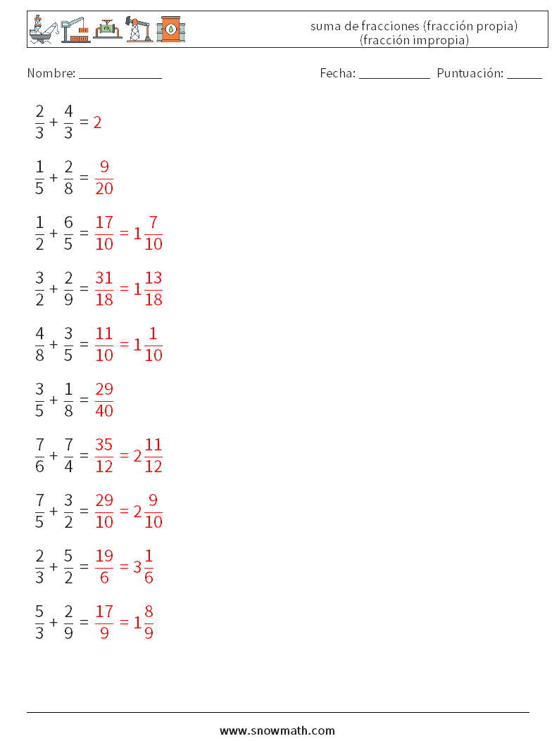 (10) suma de fracciones (fracción propia) (fracción impropia) Hojas de trabajo de matemáticas 8 Pregunta, respuesta