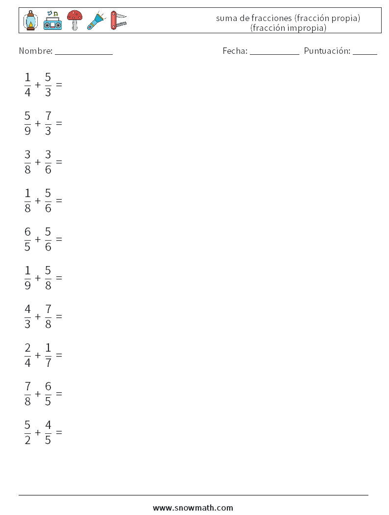 (10) suma de fracciones (fracción propia) (fracción impropia) Hojas de trabajo de matemáticas 9