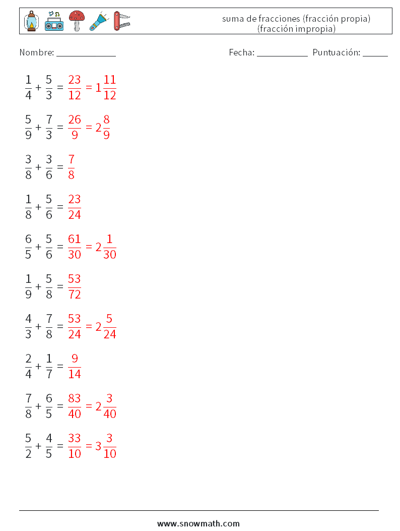 (10) suma de fracciones (fracción propia) (fracción impropia) Hojas de trabajo de matemáticas 9 Pregunta, respuesta