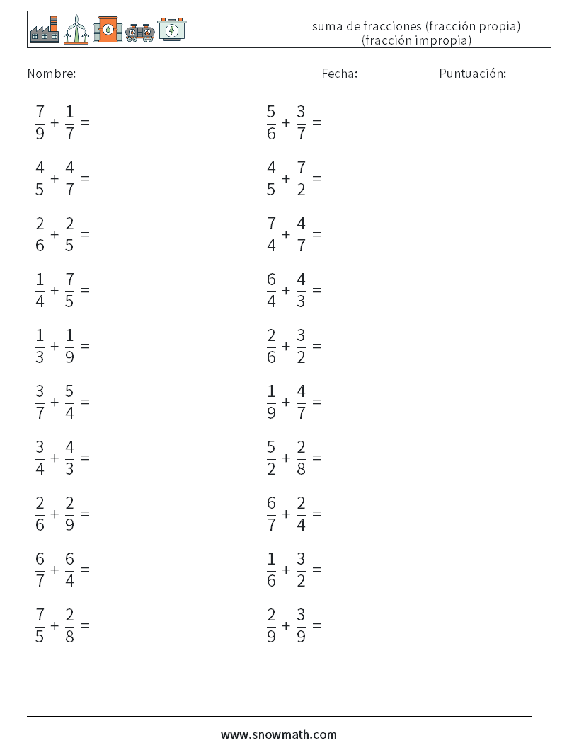 (20) suma de fracciones (fracción propia) (fracción impropia) Hojas de trabajo de matemáticas 1