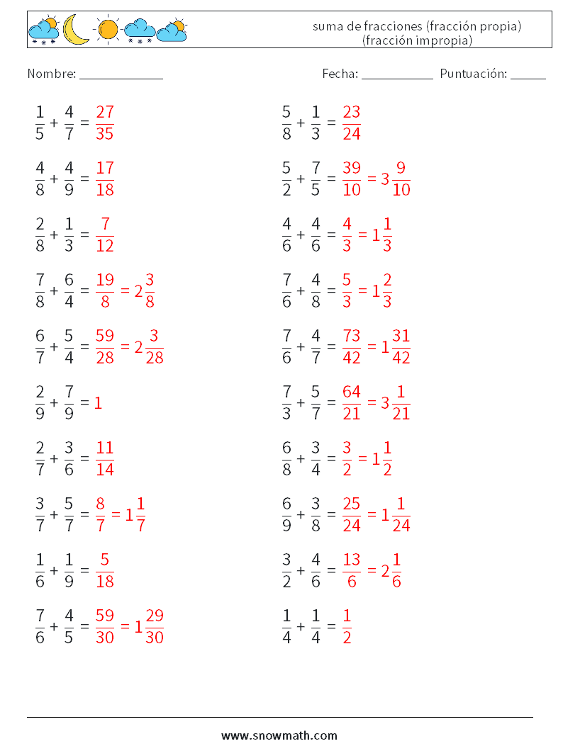 (20) suma de fracciones (fracción propia) (fracción impropia) Hojas de trabajo de matemáticas 13 Pregunta, respuesta