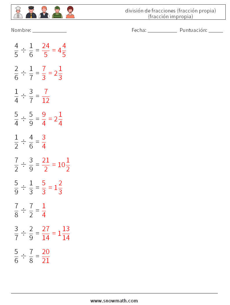 (10) división de fracciones (fracción propia) (fracción impropia) Hojas de trabajo de matemáticas 10 Pregunta, respuesta