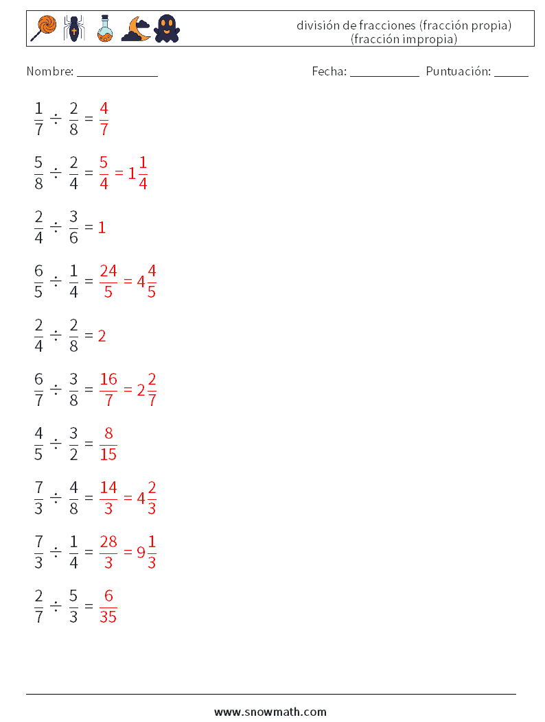 (10) división de fracciones (fracción propia) (fracción impropia) Hojas de trabajo de matemáticas 11 Pregunta, respuesta