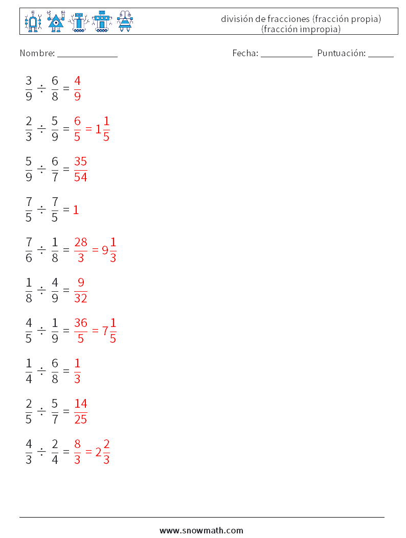 (10) división de fracciones (fracción propia) (fracción impropia) Hojas de trabajo de matemáticas 12 Pregunta, respuesta