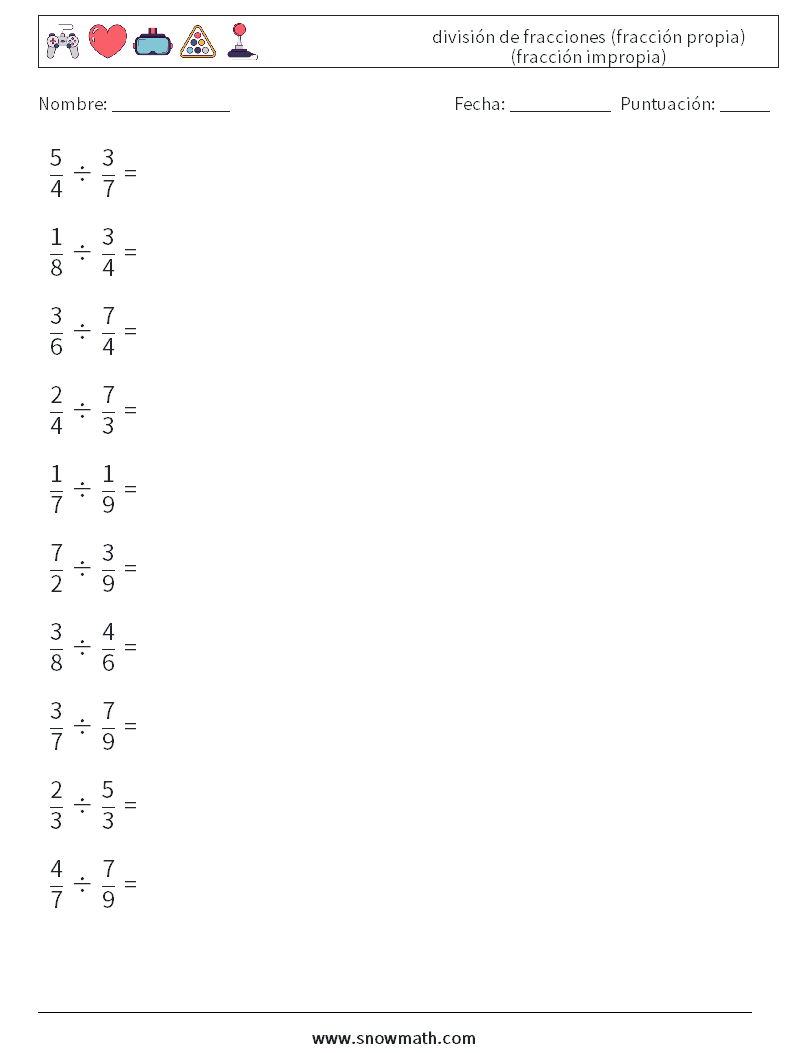 (10) división de fracciones (fracción propia) (fracción impropia) Hojas de trabajo de matemáticas 13